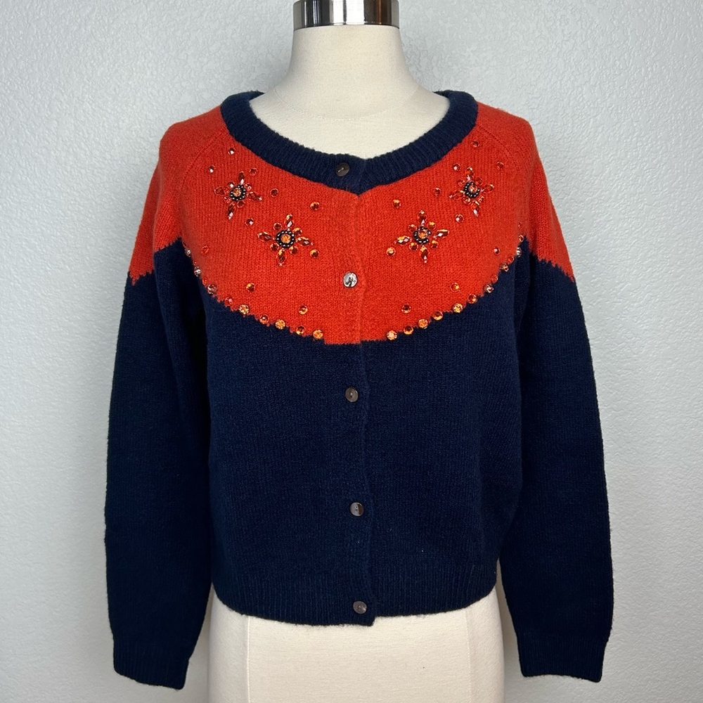 NWT iRoo Sweater Cardigan Womens 40/M Dark Navy Orange Button Down W/Rhinestone